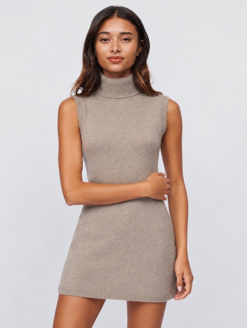 Fate Taupe Sleeveless Turtleneck Knit Mini Dress Size Small NWT